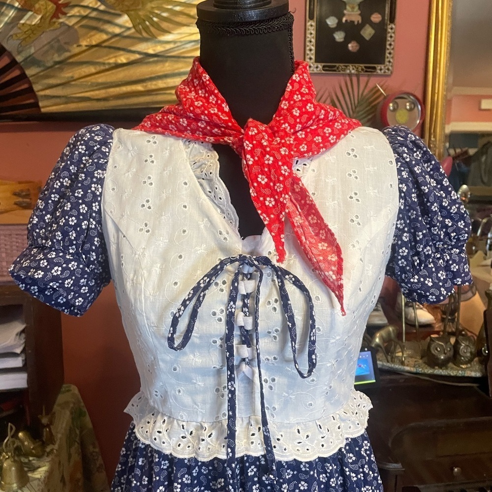 vintage 70’s Vicky Vaughn juniors red white and blue prairie cottage maxi dress - Picture 6 of 6